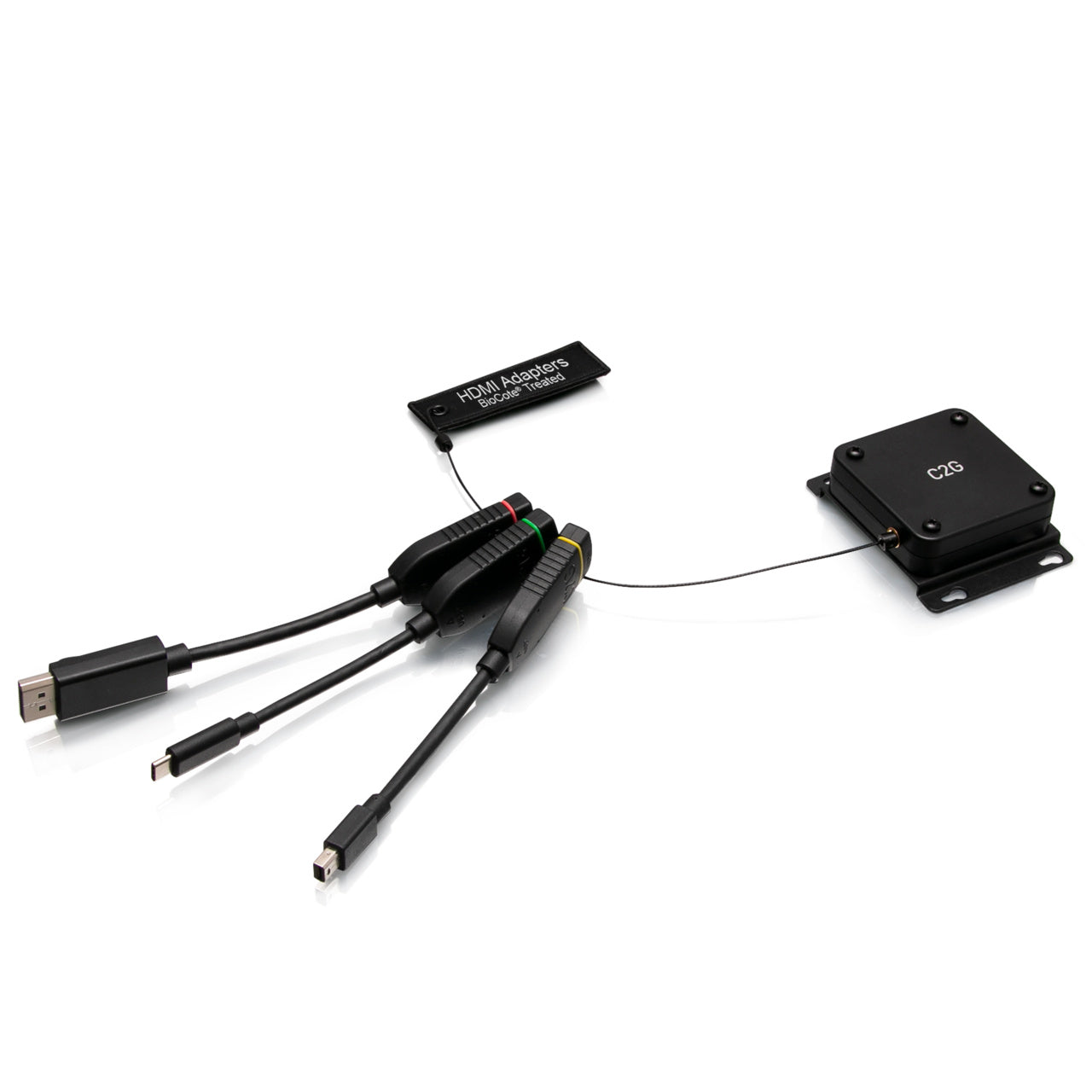 C2G29995 - C2G - Retractable Universal Mount 4K HDMI Dongle Adapter Ring including Color Coded Mini DisplayPort DisplayPort and USB-C Adapters with AntiMicro-Bial Technology
