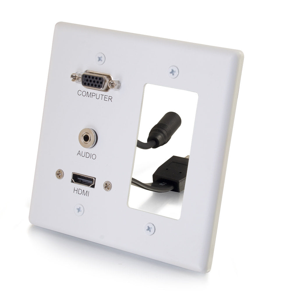 CG39877 - C2G - HDMI VGA and 3.5mm Audio Pass Through Double Gang Wall Plate with One Decorative Cutout White