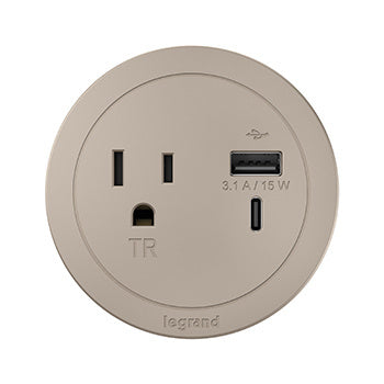 RFPCRUAUC-NI - Wiremold - Round FPC with 1 Outlet with USB in Nickel Combo USB-A and USB-C
