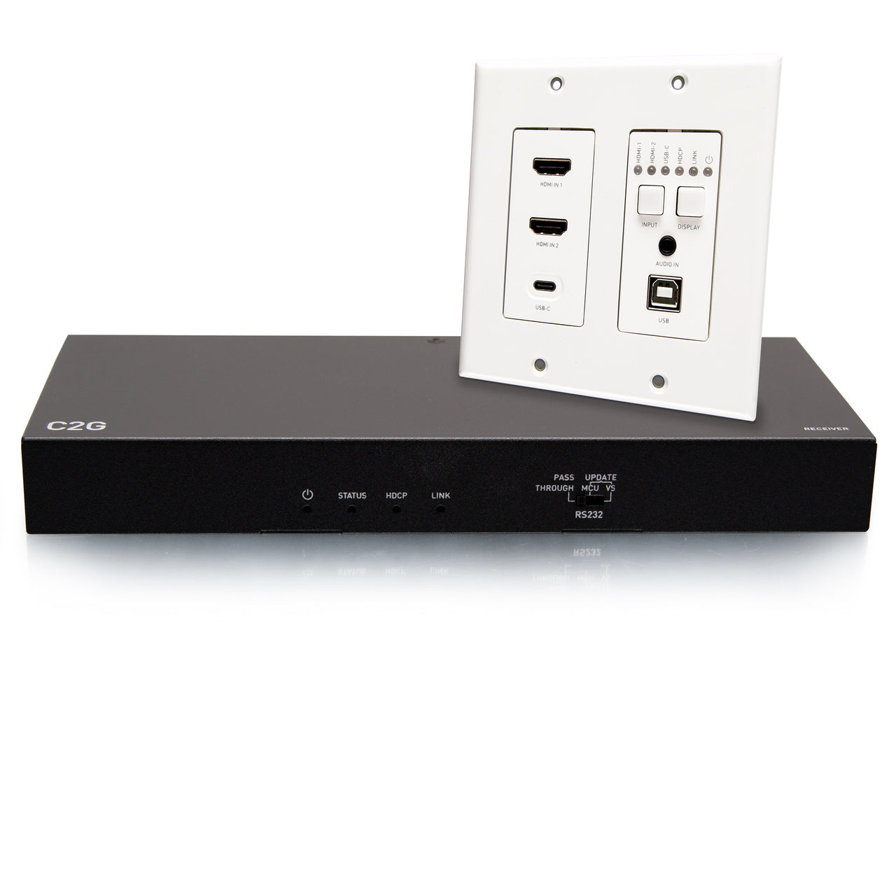 C2G31020 - C2G - Dual 4K HDMI HDBaseT USB-C 3.5mm and USA-B to A over Cat Extender Wall Plate Transmitter to Audio DeEmbedding Box Receiver 4K 60Hz