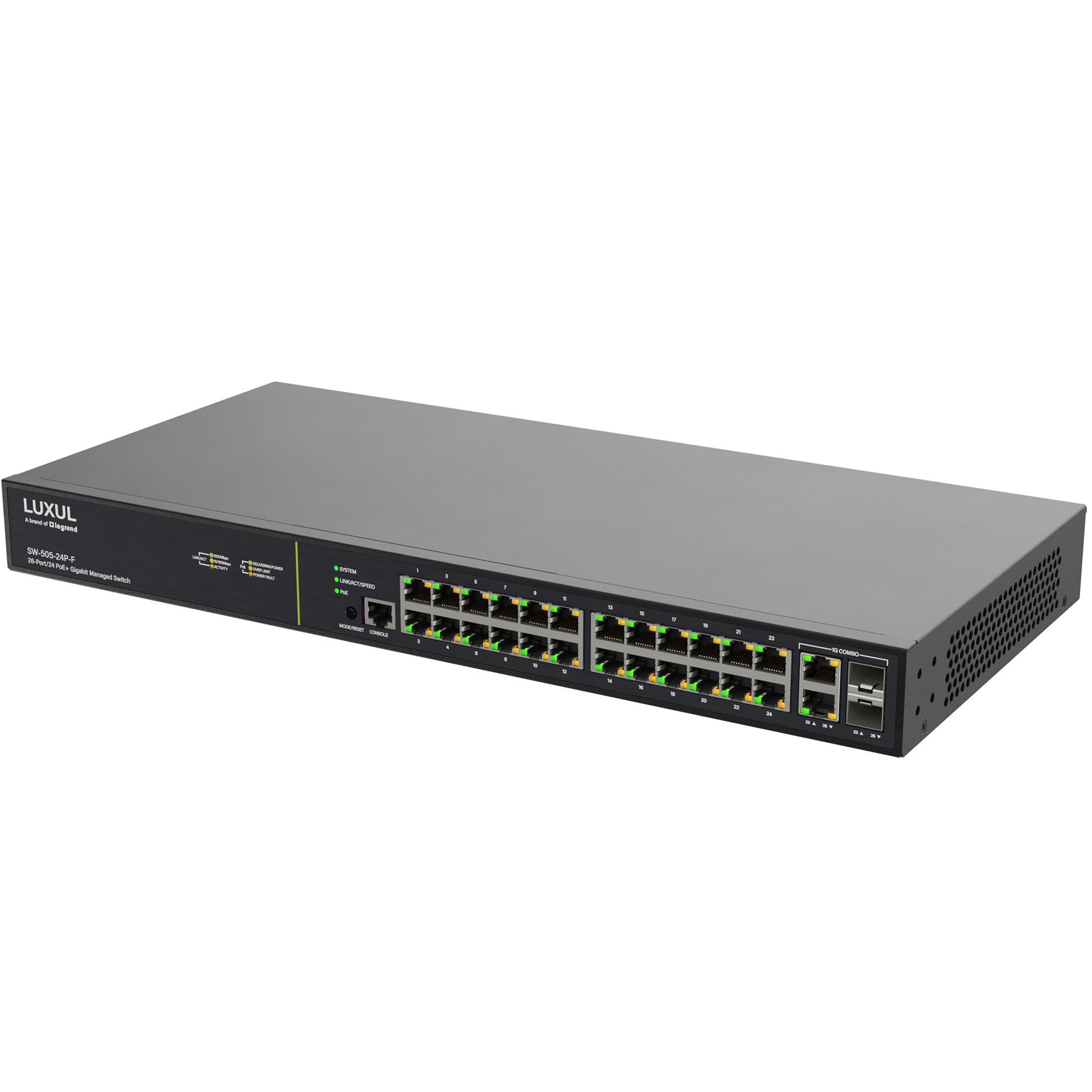 SW-505-24P-F - Luxul - 24 PoE 2 Combo RJ45SFP FrontFacing Ports 1Gb L2L3 Managed Switch
