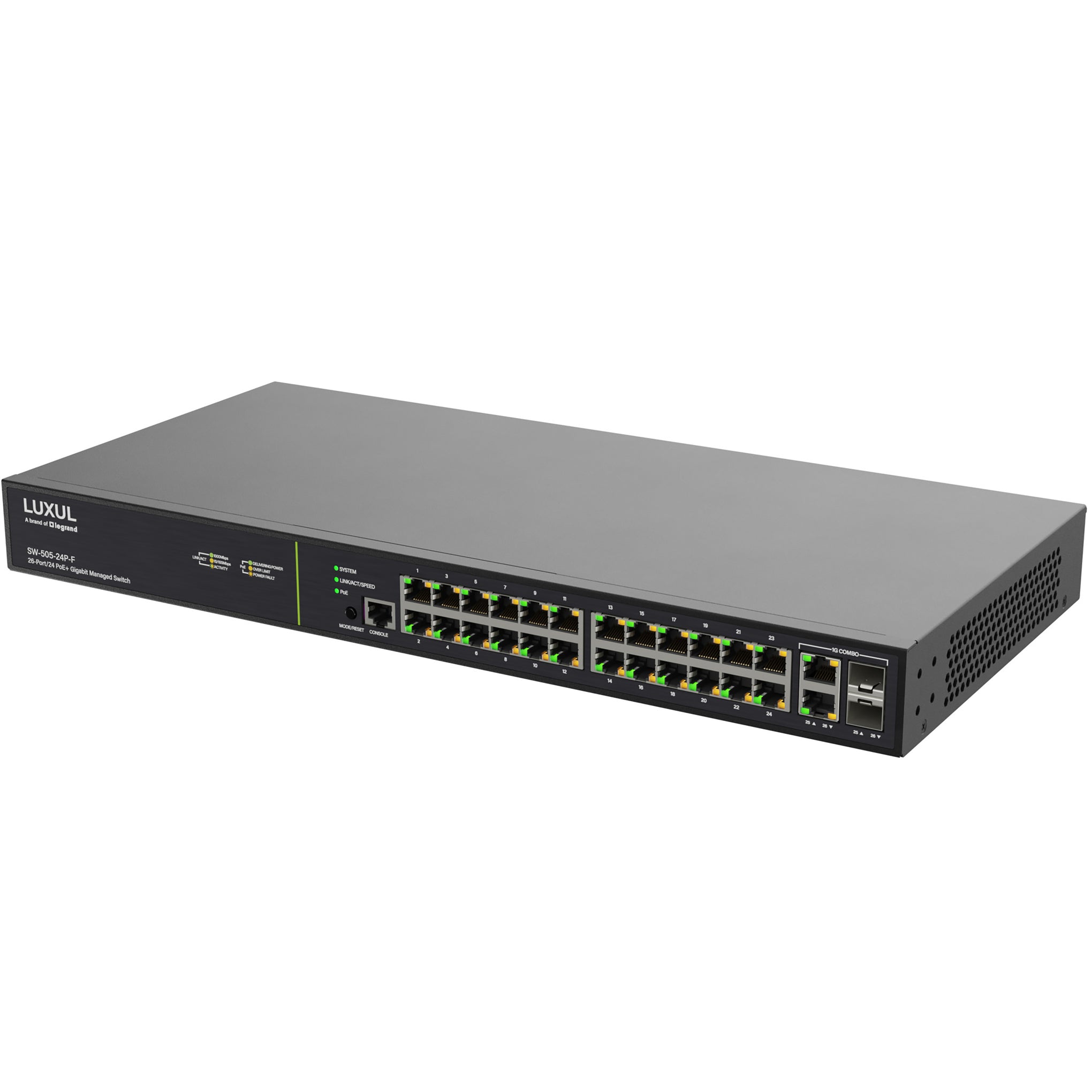 SW-505-24P-F - Luxul - 24 PoE 2 Combo RJ45SFP FrontFacing Ports 1Gb L2L3 Managed Switch