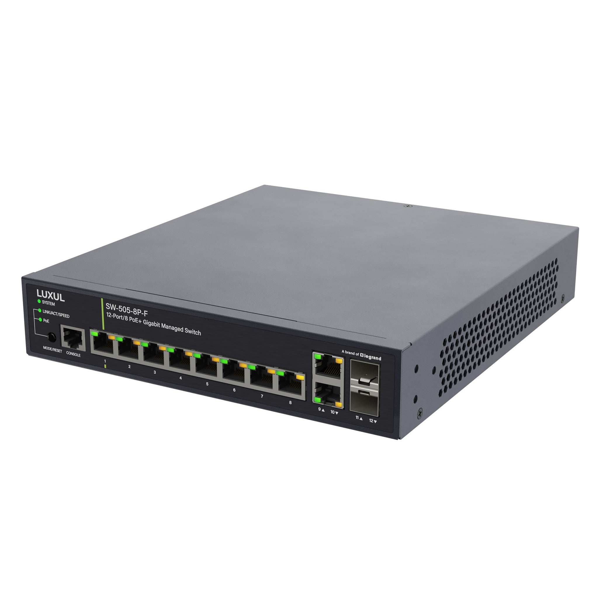 SW-505-8P-F - Luxul - 8 PoE 2 RJ45 2 SFP FrontFacing Ports 1Gb L2L3 Managed Switch US Power Cord