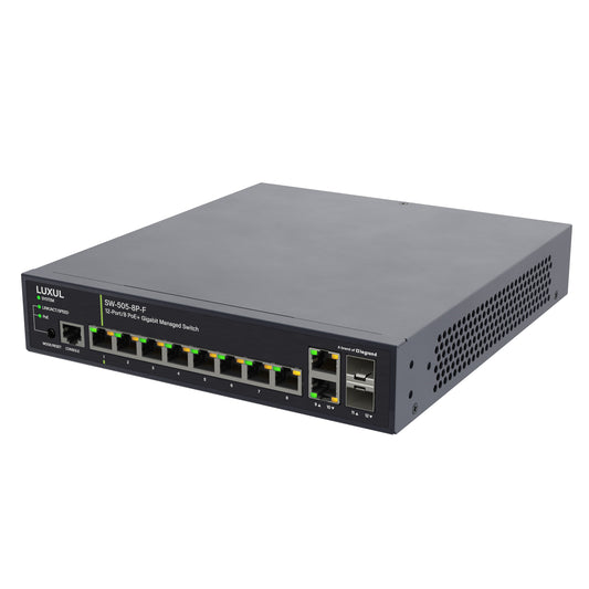 SW-505-8P-F - Luxul - 8 PoE 2 RJ45 2 SFP FrontFacing Ports 1Gb L2L3 Managed Switch US Power Cord