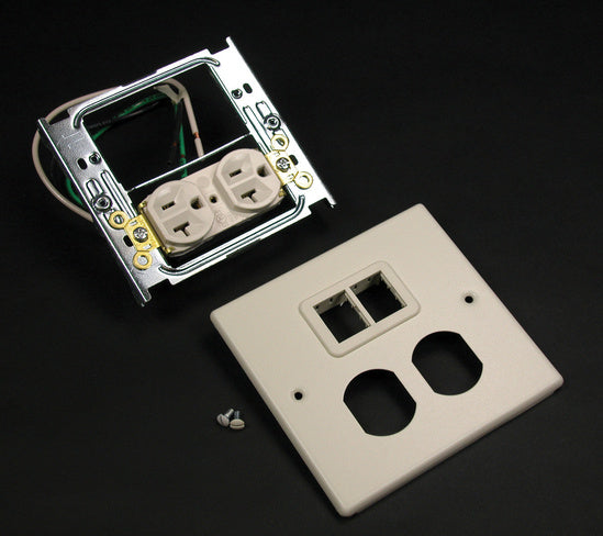 V4047WT 4047 Two Gang Cover One Duplex Receptacle Installed TrakJack Mini Adapter in Ivory