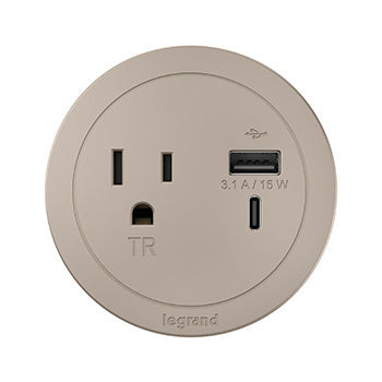 Round FPC with 1 Outlet with USB in Nickel Combo USB-A and USB-C