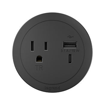 Round FPC with 1 Outlet with USB in Black with 10 ft Combo USB-A and USB-C