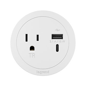 Round FPC with 1 Outlet with USB in White with 10 ft Combo USB-A and USB-C
